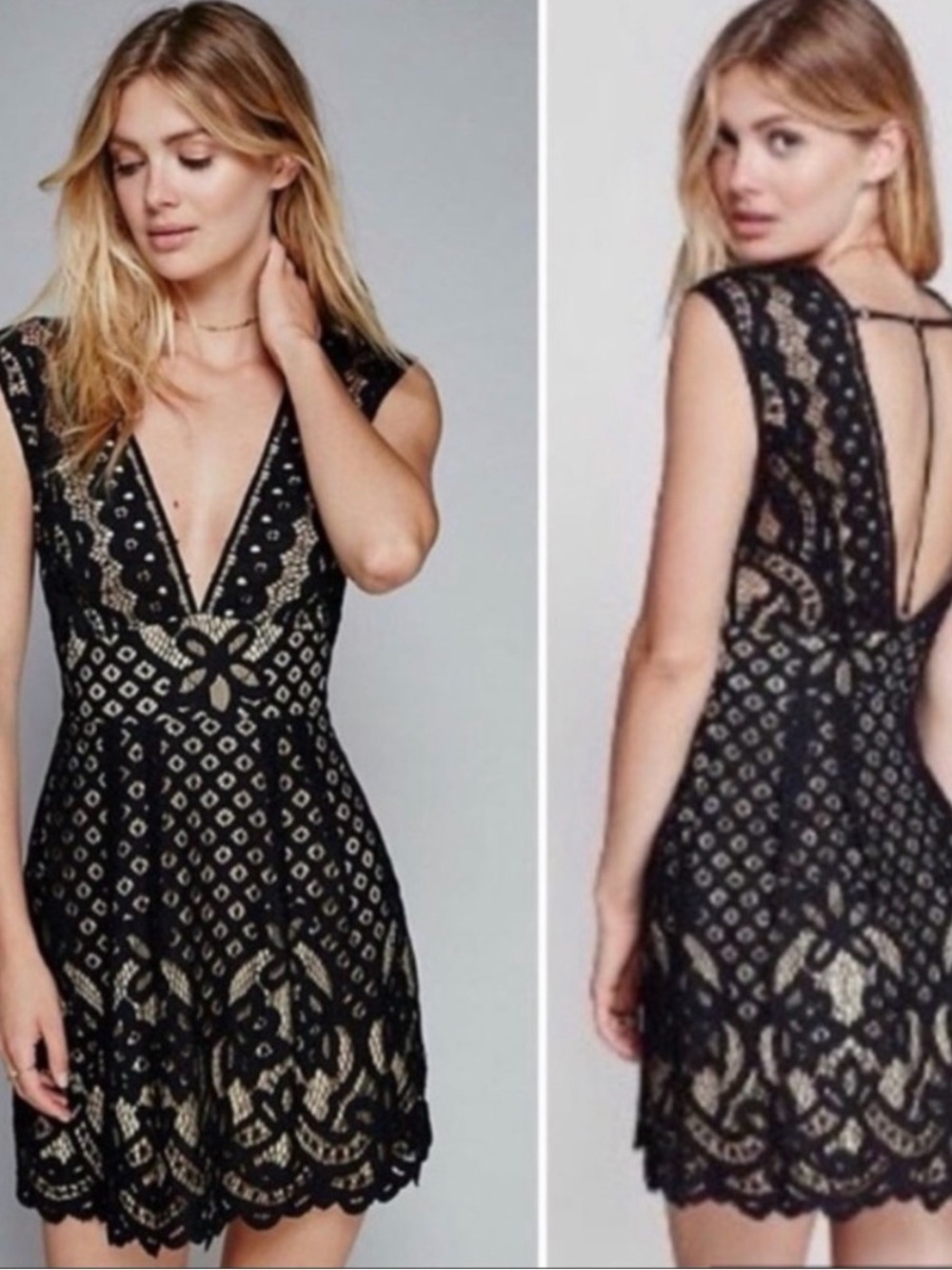 Free People Black Lace Overlay Mini Dress with Nude Lining
